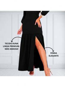 Women's Long Dress In Duna Fabric With Slit, 3/4 Sleeves, And Elegant Opening - màu đen - Xem 5