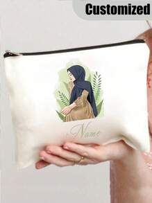 定制名字女孩化妆包，可折叠拉链袋，带定制名字和时尚印花 - 理想礼物，旅行厕所储物，派对礼物，化妆包，感谢礼物，朋友礼物创意，旅行和日常使用的理想选择，帆布拉链袋 - 米色 - 查看 3