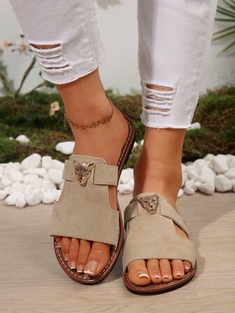 女士平底拖鞋，带动物图案装饰，轻便女士凉鞋，适合夏季度假休闲沙滩装