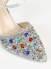 Sandalias de punta cerrada con diseño hueco y brillantes, zapatos de tacón alto y puntiagudos con efecto electrolizado estilo francés de alta gama para mujer, ideales para fiesta