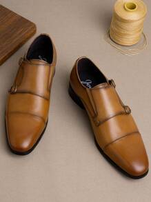 SHOESMALL Men's Dress Loafers Leather Double Monk Strap Oxford Slip On Cap Toe Dress Brown Shoes For Men - AMY9028-nâu - Xem 3