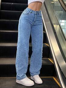 Women Pearl Studded Straight Leg Jeans