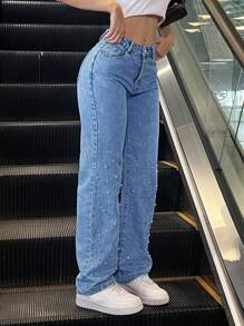 Women Pearl Studded Straight Leg Jeans