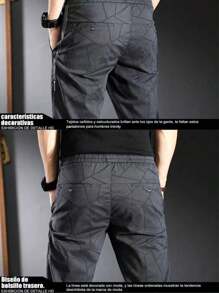 Pantalón slim fit de pierna recta para hombre con diseño texturizado, cintura con cordón, cintura elástica, 4 bolsillos, pernera pequeña elástica, transpirable y resistente al desgaste - Gris - Ver 4