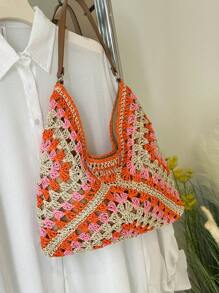 حقيبة كتف/تحمل كبيرة السعة نسائية بأسلوب البوهيمي المنسوج من القش، مثالية للمراهقات والطالبات في الجامعة أو للشاطئ والأنشطة الخارجية، للمدرسة والكلية والسفر والتسوق والخروجات