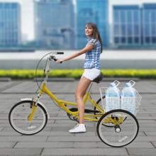 20-Inch Foldable Adult Tricycle With Rear Basket, Single Speed, Adjustable Handlebars & Comfortable Saddle, 242 Lbs Load Capacity, Yellow