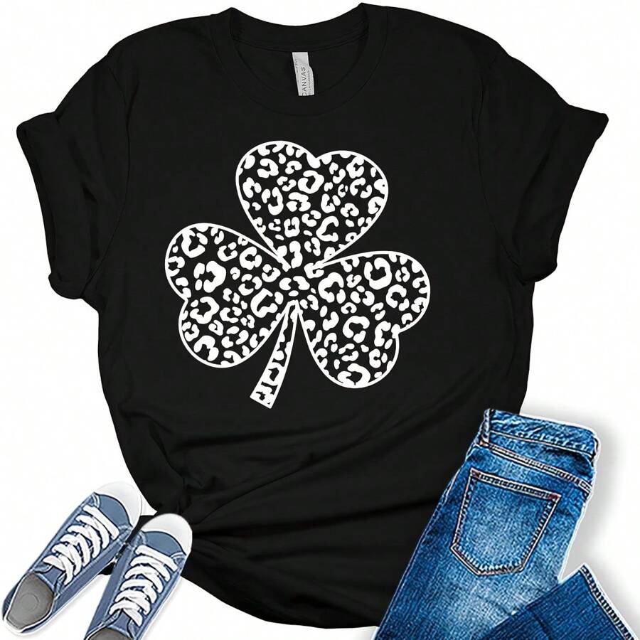 Leopard Print Shamrock T Shirt St Patricks Day Shirt Womens Clover Graphic Tees
