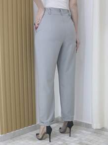 Women's Refreshing Plain Tailored Trousers With Button - Maxma 6631 - Light Grey - View 3
