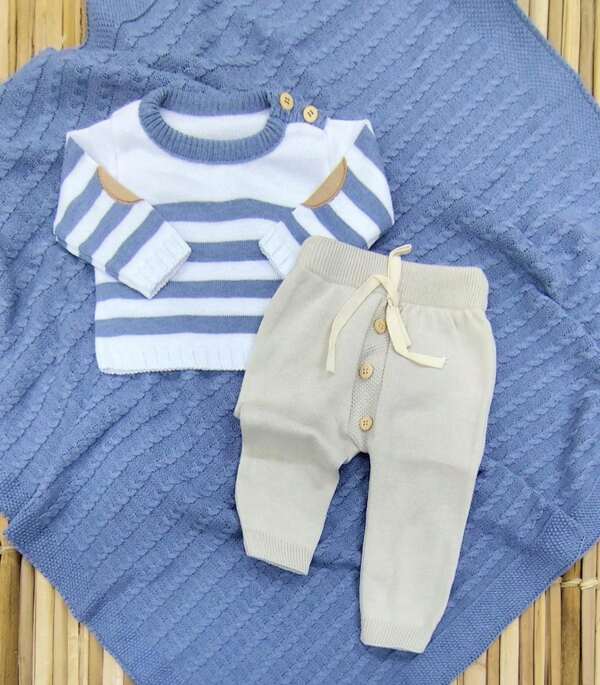 Kit Conjunto Saida Maternidade Tricô Menino Masculino Bebê