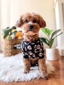 Cute Bone Dark Skull Print Pet Four-Legged Pajamas, Autumn And Winter Warm Dog And Cat Pajamas, Daily Home Wear, Halloween Cool And Cute Pet Home Clothing
