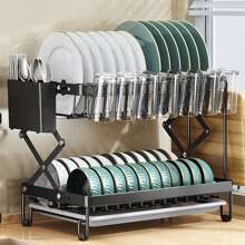 Dish Drainer Rack, Foldable 2 Tier Sink Drainer Rackwith Drip Tray, Large Capacity Dish Drainer Organizer Shelf With Utensil Holder, Cup Rack For Kitchen - Black - View 1