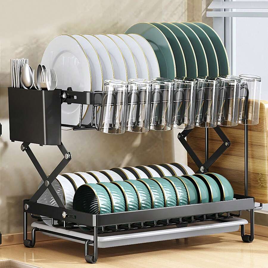 Dish Drainer Rack, Foldable 2 Tier Sink Drainer Rackwith Drip Tray, Large Capacity Dish Drainer Organizer Shelf With Utensil Holder, Cup Rack For Kitchen - Black - View 1