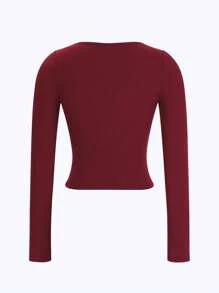 女士 Y2K 性感修身蕾丝边深 U 领长袖上衣 - 酒紅色 - 查看 4