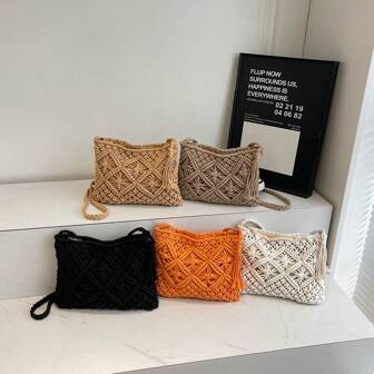1pc Solid Color Bohemian Woven Shoulder Crossbody Bag, Fashion Woven Small Square Bag Suitable For Beach Vacation, Street Shopping, Perfect For Beach Vacation, Travel, And Vacation Essentials, Eye-Catching Beach Bag Summer, Hottest Beach Bags For Women, Beach Necessities, Beach Essentials, Beach Stuff & Summer Essentials, Perfect For Summer, Vacation & Beach, Newest Holiday Bag , Bohemian Outfit For Women