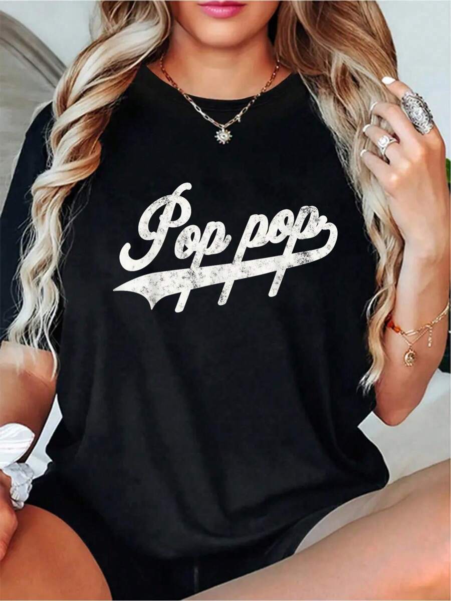 100% Cotton Pop Pop Retro Style Father's Day Gift For Papa Grandpa T-Shirt - Short Sleeve, Casual, Breathable, Comfortable, Summer & Spring Essential - Women's Clothing Printed Graphic Tee For T-Shirt Lovers - Black - View 1
