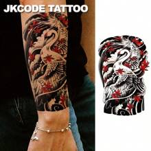 JKCODE TATTOO 东方鹤手臂纹身 - 黑色、红色、绿色水彩画丹顶鹤图腾臂章纹身贴纸 - 男士两用，神话图案临时纹身，适用于手/背部，持续 3-5 天 - 紅色 - 查看 5