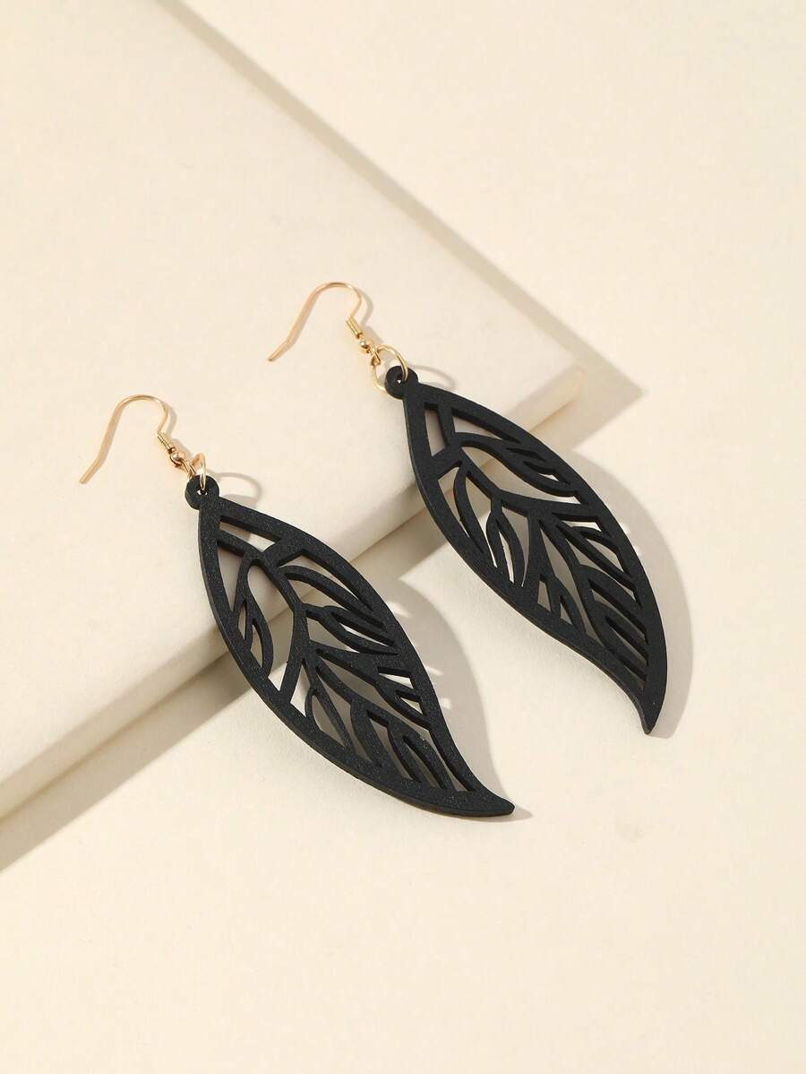 1 Pair Hollowed-Out Leaf Design Simple Wooden Earrings For Women, Casual - Black - View 1