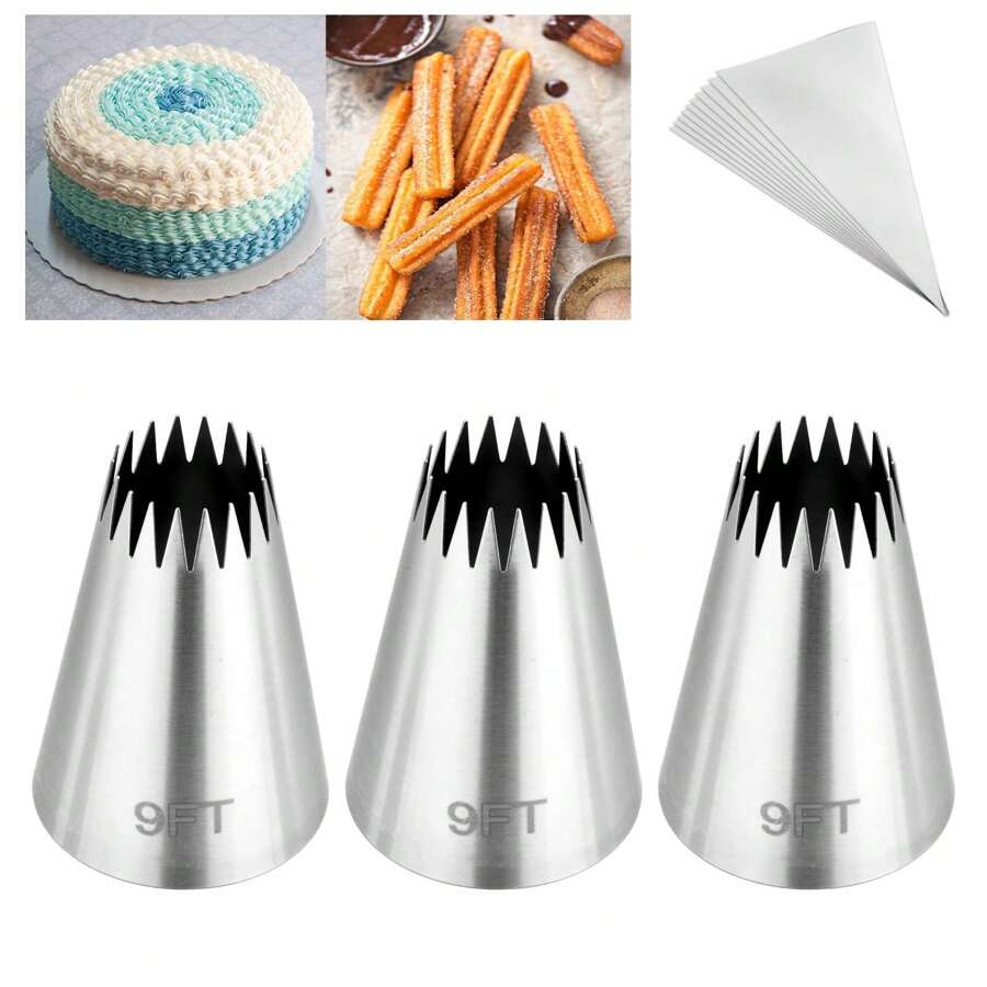 Set de 3 piezas de bolsas y boquillas para churros, set de boquillas de acero inoxidable de 9 pies con 20 piezas de bolsas de repostería desechables, boquillas de estrella abierta para decorar pasteles - Plateado - Ver 1