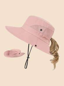 1 件儿童马尾辫太阳帽宽边防紫外线适合 3-8 岁女孩沙滩渔夫帽