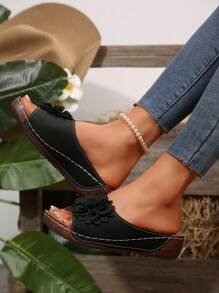 Women's Thick Bottom Wedge Platform Slide Sandals, Waterproof Anti-Slip Summer Flat Platform Floral Decor Open Toe Slippers - Black - View 5