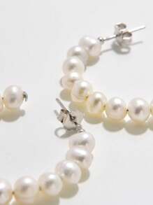 1 Pair 925 Sterling Silver 5-6mm Cultured Freshwater Pearl Double Hoop Earrings, Elegant & Graceful For Party/Wedding - Freshwater Cultured Pearls - View 3