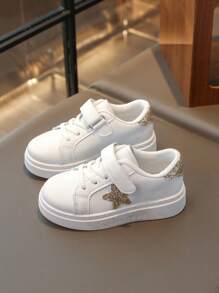 1 双儿童休闲运动鞋，带星星亮片设计，时尚软底透气防滑男孩/女孩跑步鞋 - 金色 - 查看 2