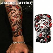 JKCODE TATTOO Orientalisches Kranich-Arm-Tattoo - temporäres Tattoo mit schwarz, rot und grün Tintenmalerei des Rotscheitel-Kranich Totems, geeignet für Arm, Hand und Rücken, hält 3-5 Tage - Verschiedenfarbig - Übersicht 4