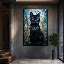 Black Cat Portrait In Stained Glass Style. Large Wooden Framed Wall Art Artist Home Decoration Oil Painting - Bedroom, Bathroom, Living Room, Office, Kitchen, Christmas Gifts - 1 Piece