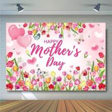 母亲节快乐粉色郁金香和心形背景布 - 涤纶纤维，无需电源，非常适合派对装饰和照片背景