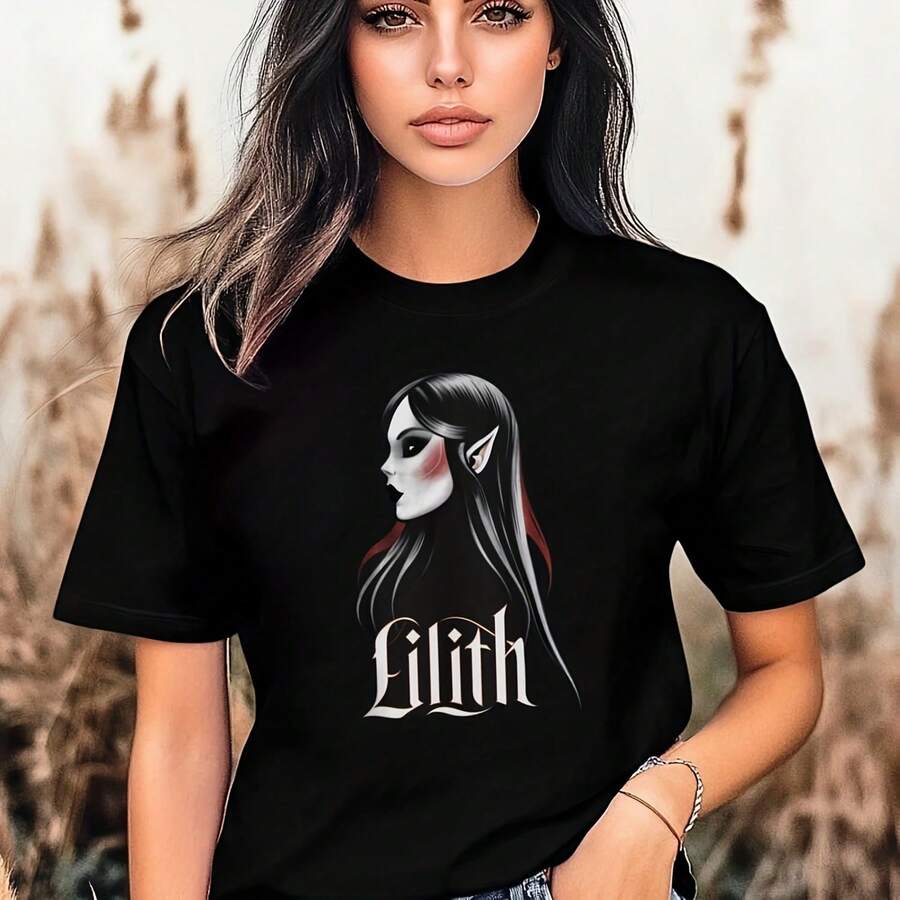 Dark Lilith T-Shirt, Mystical Gothic Art Tee, Feminine Vampire Design, Occult Aesthetic Shirt, Unique Dark Gift, Elegant Gothic Clothing - Blanco - Ver 1