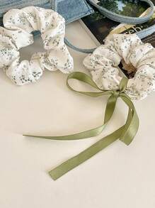 1pc Ditsy Floral Bow Scrunchie, Oversized, Fresh Green, Cute & Gentle Vibe - Green - View 2