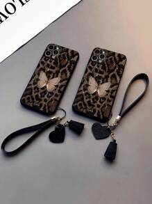 1个带穿孔边缘的豹纹蝴蝶彩绘加厚防震保护手机壳，配有可拆卸新款皮革心形腕带，可DIY手机壳挂饰流苏吊坠短腕带挂件，兼容 16/16Pro/16Plus/16ProMax，兼容，兼容Redmi 10，兼容Redmi 9，Note9，12C，Note11Pro，兼容Redmi 10C，Note8Pro手机壳保护套，防水防摔防刮，国际版，非国内版 - 彩色 - 查看 3