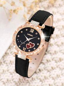 SOKI SOKI 母亲节女士手表套装，时尚精致的圆形石英表搭配心形吊坠项链和耳环，这款首饰套装非常适合日常佩戴、生日礼物、开学季、感恩节和浪漫场合，是馈赠佳品。（不含包装盒） - 黑色 - 查看 2