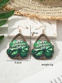 1 Pair New 2025 St. Patrick's Day Themed Four-Leaf Clover Glasses & Wooden Earrings, Holiday Event Accessories For Women