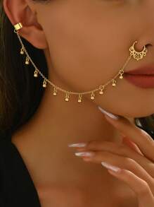 1 Pc Fashion Elegant Luxury Golden Tassel Pendant Nose Chain Link Earclip - No Piercing Nose Ring Earclip - Suitable For Women Daily Wear, Parties, Banquets, Weddings - Golden - View 11