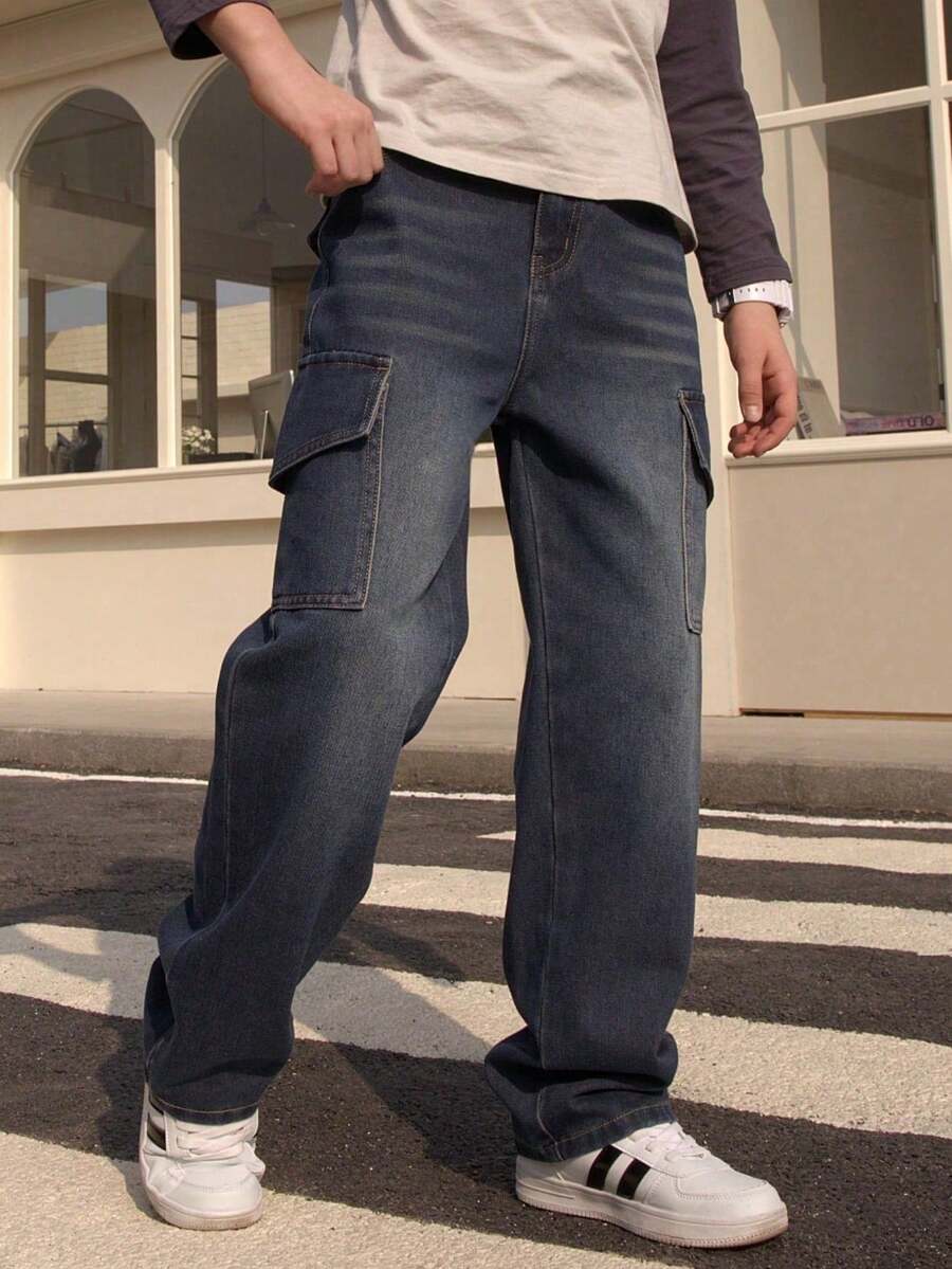 青少年春秋季多口袋工装牛仔裤，宽松休闲直筒裤（男童款） - 藍色 - 查看 1