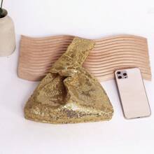Classic Fashion Solid Color Sequin Embroidery Simple Wristlet Clutch Bag, Versatile For Going Out And Party - Gold - View 2