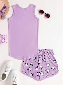 Tween Girl 2pcs/Set Snug Fit Pajamas Cute Panda Print Tank Top And Shorts Casual Comfortable Homewear Set - Lilac Purple - View 2
