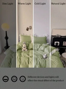 3-Piece Mint Green Ruffled Soft & Comfortable Bedding Set, Suitable For Bedroom, Guest Room - Pastel Green - View 6