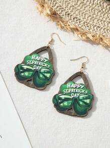 1 Pair New 2025 St. Patrick's Day Themed Four-Leaf Clover Glasses & Wooden Earrings, Holiday Event Accessories For Women