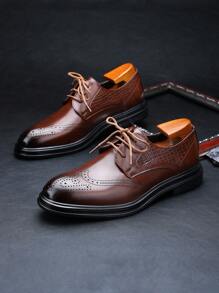 Fashionable Low Top Lace-Up Solid Color Brogue Carved Dress Shoes, Slip-Resistant Business Formal Shoes For Parties, Weddings, Graduations, Casual, & Versatile