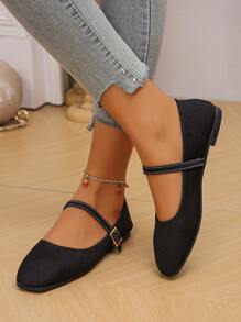 Cross-Border Trade, Plus Size 35-43 Spring/Autumn New Suede Square Toe Flat Shoes In Beige, Green And Golden Color, Suitable For Everyday Wear With Dresses