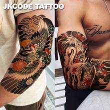 JKCODE TATTOO Orientalisches Kranich-Arm-Tattoo - temporäres Tattoo mit schwarz, rot und grün Tintenmalerei des Rotscheitel-Kranich Totems, geeignet für Arm, Hand und Rücken, hält 3-5 Tage - Verschiedenfarbig - Übersicht 2
