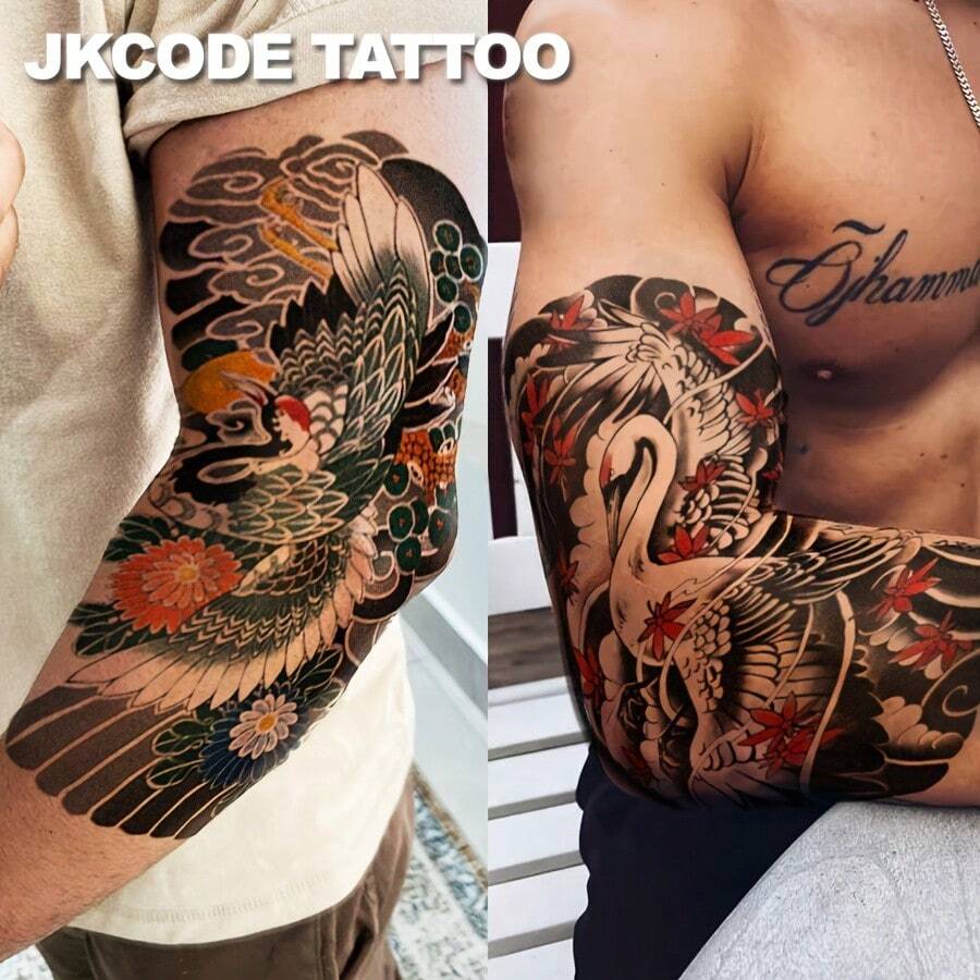 JKCODE TATTOO Orientalisches Kranich-Arm-Tattoo - temporäres Tattoo mit schwarz, rot und grün Tintenmalerei des Rotscheitel-Kranich Totems, geeignet für Arm, Hand und Rücken, hält 3-5 Tage