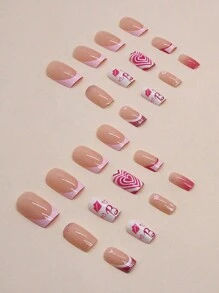 24pcs French Tips Pink Heart-Shaped Medium-Long Oval Fake Nails Suitable For Dating, Includes 1 Nail File & 1 Nail Glue Press On Nails