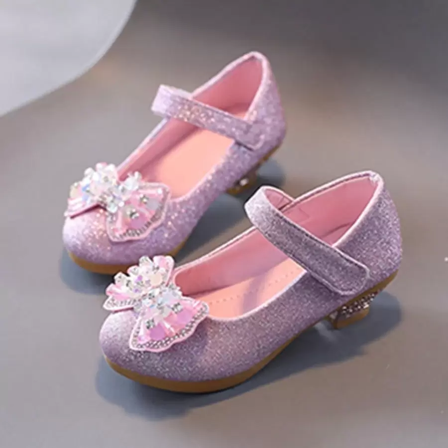 Zapatos de princesa con lazo de cristal para niñas, tacones altos, nuevo estilo, zapatos de cristal para actuaciones, modelo de vestido, desfile, zapatos de princesa con lazo - Rosa - Ver 1