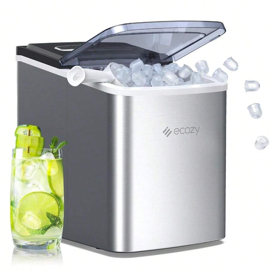 ecozy Máquina de Hielo, 9 Cubos Listos en 6 Minutos hasta 12kg por Día, Autolimpieza con Bolsas de hielo y Cuchara de Pie, Acero Inoxidable