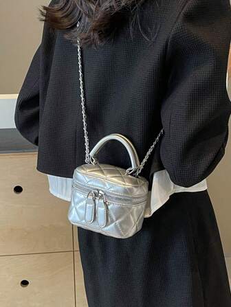 1pc Women Mini Quilted PU Rhombus Pattern Crossbody Bag, Fashionable Chain Strap Coin Purse Shoulder Bag Suitable For Girls, Spring/Summer