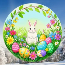 1 乡村农舍复活节快乐墙壁艺术标志，木制圆形墙壁装饰，弹簧门框装饰，2D 平面 8x8 英寸，带有花朵和复活节彩蛋兔子设计，适用于餐厅、咖啡馆、门框、酒吧、俱乐部、客厅、教室，完美的节日礼物 - 彩色 - 查看 4