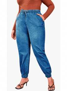 Women's Denim Jogger Jeans With Drawstring And Elastic Waist - Blue - View 4